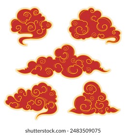Hand drawn linear oriental clouds. Chinese cloud element collection. Elegant clouds and waves in Japanese style. Asian traditional ornaments. 