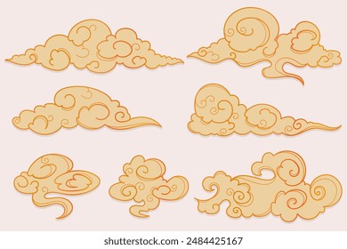 Hand drawn linear oriental clouds. Chinese cloud element collection. Elegant clouds and waves in Japanese style. 