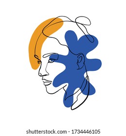 Hand drawn Linear portrait woman on colorful backdrop from abstract shapes. One continuous line silhouette of female avatar. Creative contemporary composition in minimalist style. 