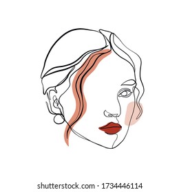 Hand drawn Linear portrait woman on colorful backdrop from abstract shapes. One continuous line silhouette of female avatar. Creative contemporary composition in minimalist style. 