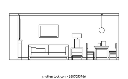 Hand drawn linear sketch of the interior living room. Outline drawing sofa, table, chair, lamp. Vector illustration on sketch style. Design for coloring page, banner, flyer, template, landing page