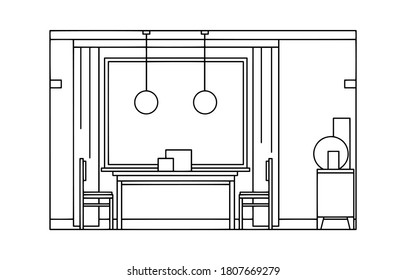 Hand drawn linear sketch of the interior living room. Outline drawing window, table, chair, lamp. Vector illustration on sketch style. Design for coloring page, banner, flyer, template, landing page