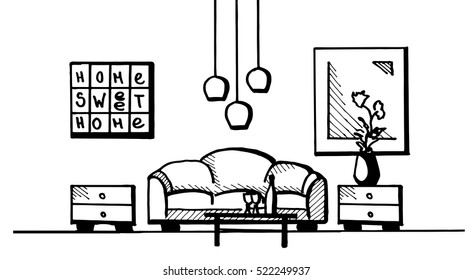 Hand drawn. Linear sketch of an interior. Room plan. Vector illustration.