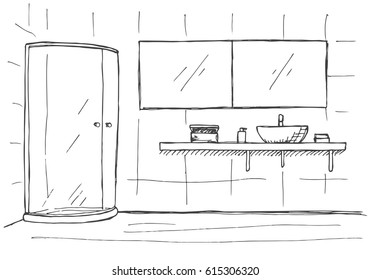 Hand drawn Linear sketch of an interior. Part of the bathroom. Vector illustration