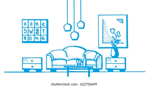 Hand drawn. Linear sketch of an interior. Room plan. Vector illustration.