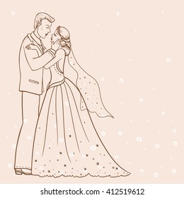 Hand drawn linear sketch of the kissing couple of newlyweds isolated on the beige background. Vector color illustration of the kissing bride and groom.