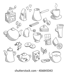 Hand drawn linear sketched tea and coffee collection