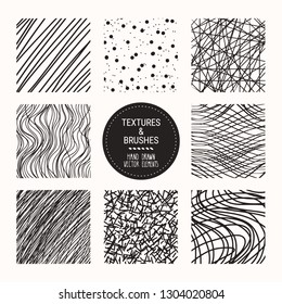 Hand drawn linear, stippling textures, abstract backgrounds. Artistic collection of graphic design elements. Waves, dots, hatching, uneven lines, geometric pattern. Isolated vector on white background