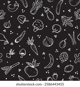 Hand drawn linear style. Seamless vegetable, berries and fruits pattern. White and black