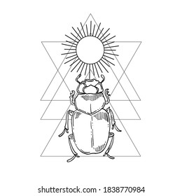 Hand drawn linear vector illustration of scarab. Magical outline clipart for logo, print, card, textil design. Alchemy, magic, esoteric, occult.