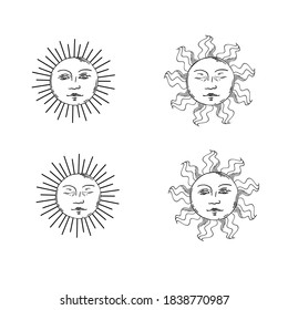 Hand drawn linear vector illustration of suns. Magical outline clipart for logo, print, card, textil design. Alchemy, magic, esoteric, occult.