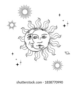 Hand drawn linear vector illustration of sun and moon. Magical outline clipart for logo, print, card, textil design. Alchemy, magic, esoteric, occult.