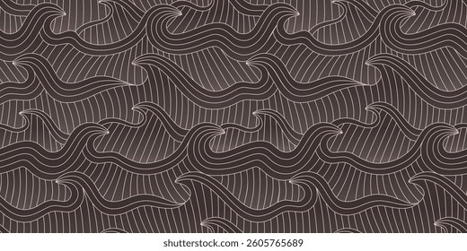 Hand drawn linear waves, ocean, sea, water seamless pattern for package, wallpaper, wrap. Japan style vector background.