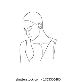 Hand drawn linear woman face. Linear glamour portrait woman. Portrait of girl. Linear glamour logo in minimal style for beauty salon, beautician, makeup artist, stylist. Hand drawn art.