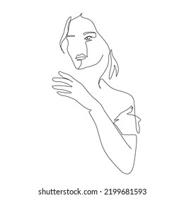 Hand drawn linear woman face. One continuous line woman portrait. Minimalism and simple. 