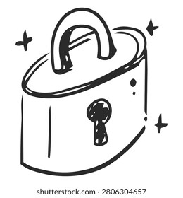 A hand drawn line-art doodle icon of unlocked padlock.