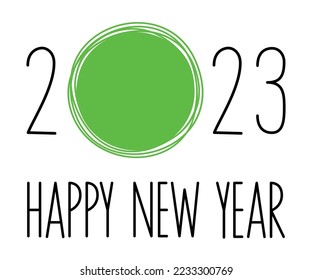 Hand drawn lineart Happy New Year 2023 lettering with green circle