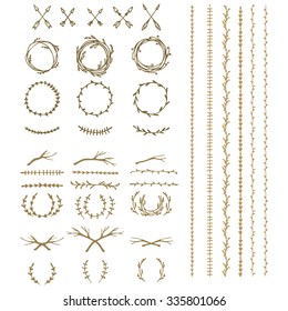 Hand drawn lineart illustration. Vintage decorative boho set of laurels, branches, twigs, and wreaths. Doodle greek ancient wreath, dividers and leaf borders with laurel leaves, design elements vector