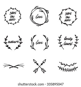 Hand drawn lineart illustration. Vintage rustic boho set of laurels, flowers, twigs, and wreaths. Doodle greek ancient  wreath, dividers and borders with laurel leaves, design elements vector