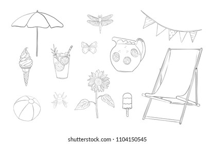 Hand drawn lineart summer vacation set, vector