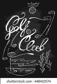 Hand drawn lined graphic illustration of golf design elements for golf club logo.Golf course with flag,golf putter and golf ball.Golf Club handwritten lettering.Design elements for golfing logo