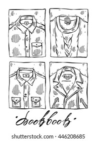 Hand drawn lined vector illustration set of men clothes isolated on white.Illustrations of Leather Jacket,shirt,jacket,men pullover,cardigan.Men look book.Male fashion illustration collection.