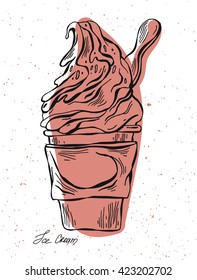 Hand drawn lined vector  sketch graphic styled ice cream. Ice cream ,chocolate,ice cream cup with wooden spoon .Sweet Desert Menu element design.Coffee with ice cream.