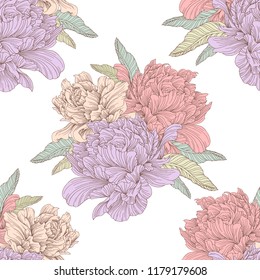 Hand drawn linen peony flower, vector seamless pattern, illustration for design, banner, poster, cover.