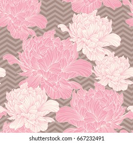 Hand drawn linen peony flower, vector seamless pattern, illustration for design, banner, poster, cover.