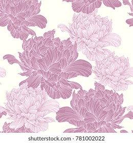 Hand drawn linen peony flower, vector seamless pattern, illustration for design, banner, poster, cover.