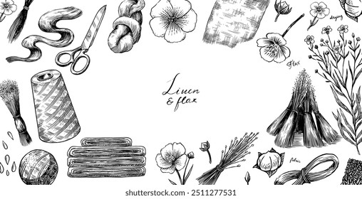 Sementes de linho desenhadas à mão e flor de linho. Ilustração de clipart de vetor. Esboço de linha e tinta. Cartaz, banner em estilo Vintage. 