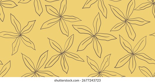 Líneas dibujadas a mano flor negra, patrones sin costuras sobre fondo amarillo. Diseño minimalista de tela floral de líneas planas de doodle simples. Diseño para la ropa, textiles, cubierta, papel de embalaje. Vector EPS10.