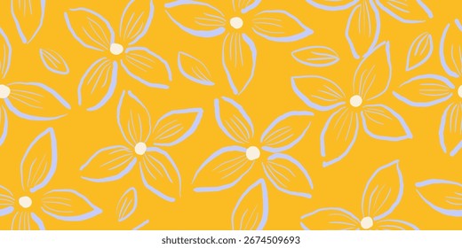 Handgezeichnete Linien, blaue Blume, nahtlose Muster auf gelbem Hintergrund. Minimalistisch einfache flache Doodle Linien floralen Stoff-Design. Verwendung für Stoffbekleidung, Textilien, Umschlag, Umhüllungspapier. Vektor-EPS10.
