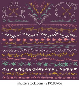Hand drawn lines border,frame, branch, arrows and other design elements. Violet. backdrop. Illustration vector. Can be use as decoration.