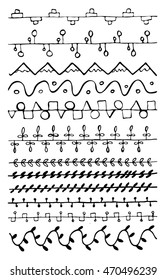 Hand drawn lines and borders set. Leaf, branch and geometric elements. Black and white.
