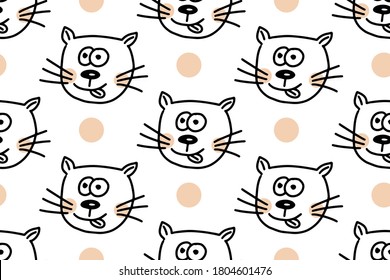 Hand drawn lines cartoon cat. Pet animal vector illustration with doodle kittens. For your fabric, textile design, wrapping paper or wallpaper.