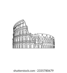 Hand drawn lines of the Colosseum on a white background. Italy, Rome. Famous landmark. Symbol of tourism. Stock vector illustration.