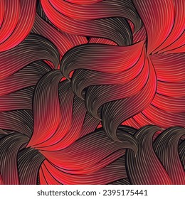 Hand drawn lines fantasy red flowers leaves striped seamless pattern. Floral wavy line art vector background. Repeat Deco striped flowers ornaments. Textured modern design. Endless gradient texture.