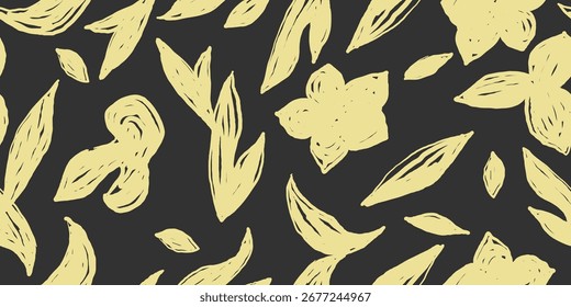 Hand drawn lines free form, Seamless flower patterns on black background. Minimalist simple flat doodle lines floral fabric design. Design for clothing, textiles, cover, wrapping paper. Vector EPS10.