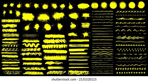 Hand Drawn Lines. Ink Pen Drawing Lines, Underline Brush And Pencil Strokes Brushes. Grunge Ink Splatter. Splash Of Paints, Spray Drops Staining. Beautiful Paintbrush Set, Brush Stroke. Vector