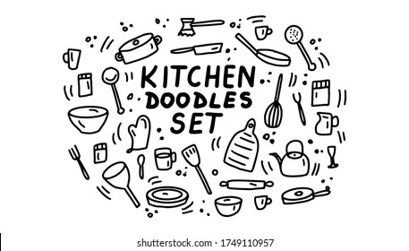 Líneas dibujadas a mano herramientas de cocina y electrodomésticos, utensilios de cocina, colección de íconos de dibujos animados utensilios. Juego de íconos de cocina. Ilustración vectorial.