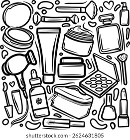 Hand drawn lines Make up Pattern, Make up background with hand drawn elements, Set of beauty makeup cosmetic doodles Hand drawn vector illustration, Cosmetic black and white doodle illustration