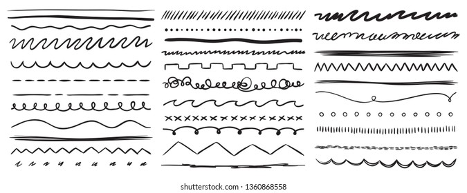 Hand drawn lines. Marker line divider, handmade pencil strokes brush and drawing dividers. Curve frame, decoration borders or floral ornament ink dividing. Vector isolated elements set