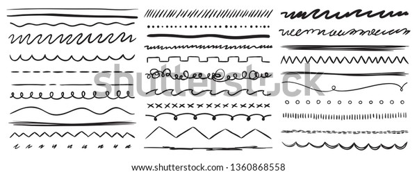 Hand\
drawn lines. Marker line divider, handmade pencil strokes brush and\
drawing dividers. Curve frame, decoration borders or floral\
ornament ink dividing. Vector isolated elements\
set