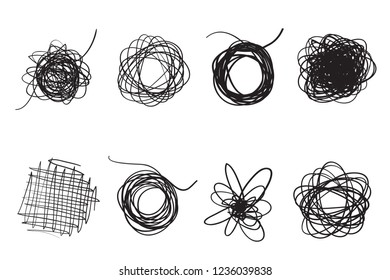 Hand drawn lines on isolated background. Chaotic textures with hatching. Wavy tangled backdrops. Black and white illustration. Elements for posters and flyers