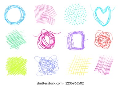 Hand drawn lines on isolated background. Chaotic textures with hatching. Wavy tangled backdrops. Colorful illustration. Elements for posters and flyers