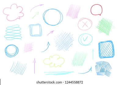 Hand drawn lines on isolated white background. Chaotic textures with hatching. Wavy tangled backdrops. Colorful illustration. Elements for posters and flyers
