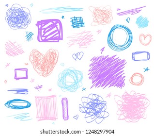Hand drawn lines on isolated white background. Chaotic textures with hatching. Wavy tangled backdrops. Colorful illustration. Elements for posters and flyers