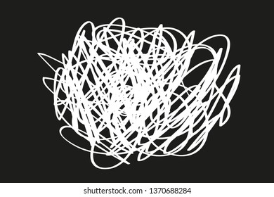 Hand drawn lines on isolated black background. Chaotic shape with hatching. Wavy tangled doodle. Black and white illustration