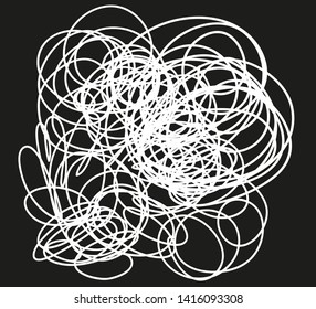Hand drawn lines on isolated black background. Chaotic shape with hatching. Wavy tangled doodle. Black and white illustration